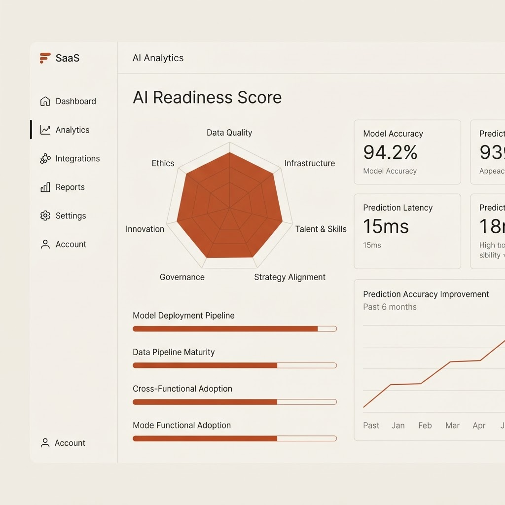 The Ometz dashboard showing an AI readiness score, radar chart, and performance metrics