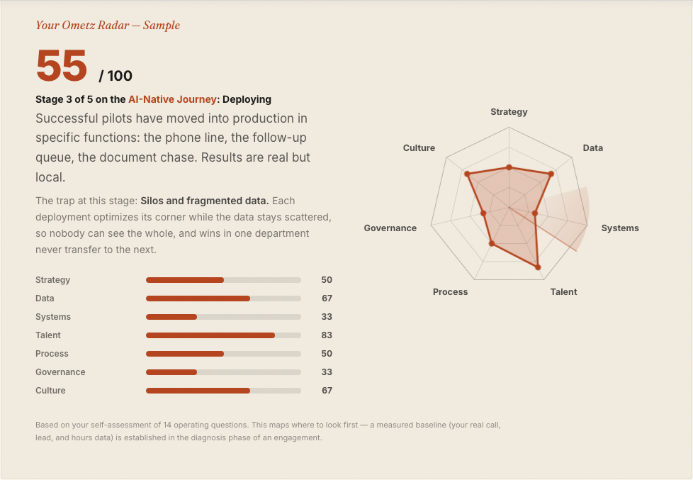 A sample Ometz Radar report: overall score, stage on the AI-Native Journey, seven dimension scores and the radar chart